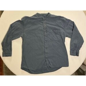 Aran Sweater Market Shirt Mens 2XL Blue Grandfather Button Up Long Sleeve Band